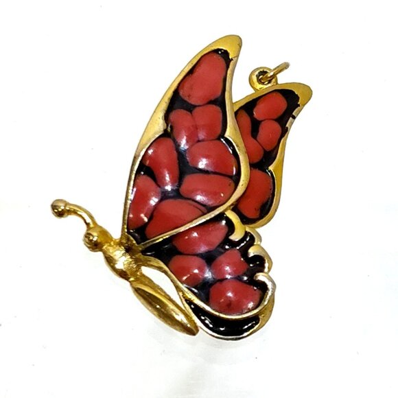 Butterfly Pendant Gold-tone / Cloisonné Red Black Enamel Detail Beautiful Energy - Picture 1 of 7